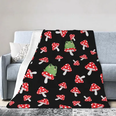 Red Mushrooms and Frogs Pattern Blanket with Cute Kawaii Design