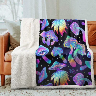 Colorful Glowing Mushroom Pattern Blanket: Psychedelic Fungi Design