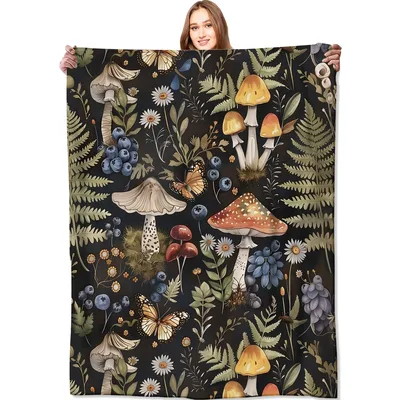 Whimsical Forest Mushroom Butterfly Blanket: Nature Print