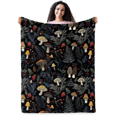 Dark Forest Mushrooms Pattern Blanket for Foraging Lovers