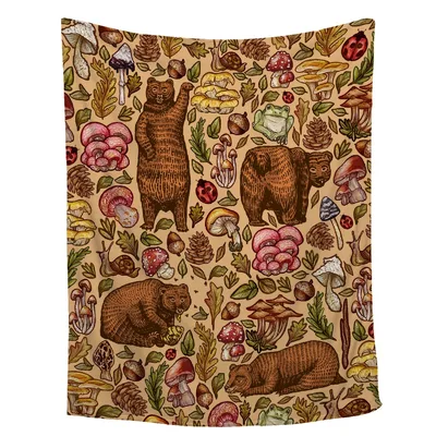 Mushroom Bear Forest Pattern Blanket features vintage-style