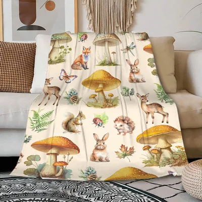 Mushroom Forest Animals Pattern Blanket featuring watercolor foxes