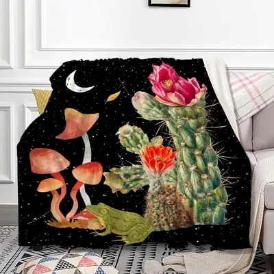 Cactus and Mushrooms Night Blanket: A Starry Desert Scene with Frog