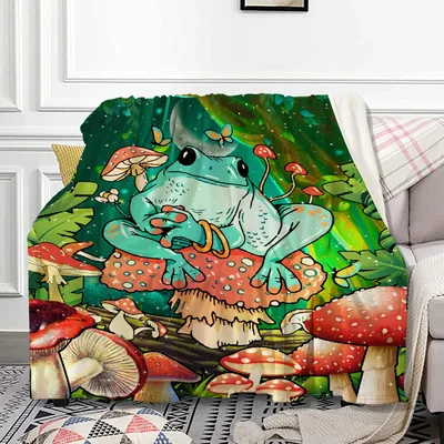 Frogs and Mushrooms Pattern Blanket featuring a teal frog