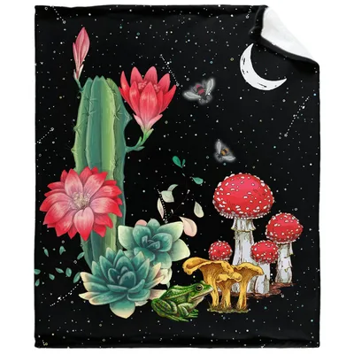 Cactus Mushrooms Galaxy Night Blanket: A Cosmic Desert Scene