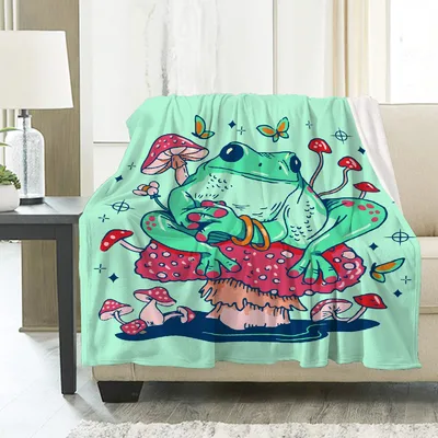 Frog Sitting on Mushrooms Blanket: Whimsical Green Frog Art