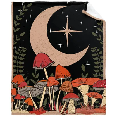 Crescent Moon with Mushrooms Blanket: Enchanted Forest Night Design