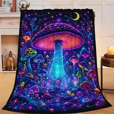 Glowing Mushroom Fantasy Blanket: Neon Forest Art for Cozy Nights