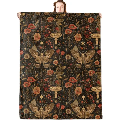 Mystical Moths and Mushrooms Blanket: Dark Forest Fleece Throw