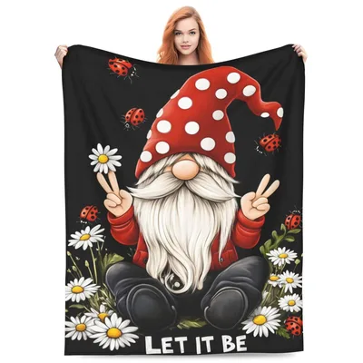 Gnome Peace Sign Blanket: Let It Be Gnome with Daisies and Ladybugs