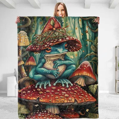 Frog on Mushroom Fantasy Art Blanket: Whimsical Toad in Forest