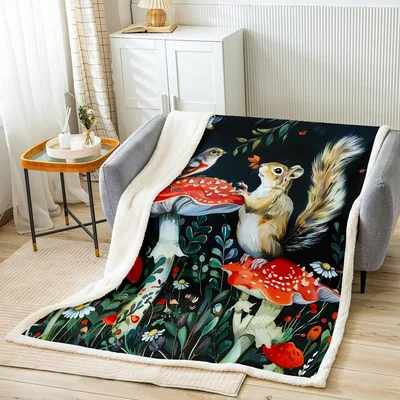 Red Mushroom Squirrel Pattern Blanket features a detailed
