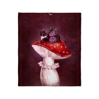 Cat on Mushroom Fairy Blanket: Whimsical Cat with Butterfly Wings