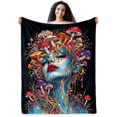 Mushroom Woman Abstract Art Blanket: Blue Face and Fungi Design