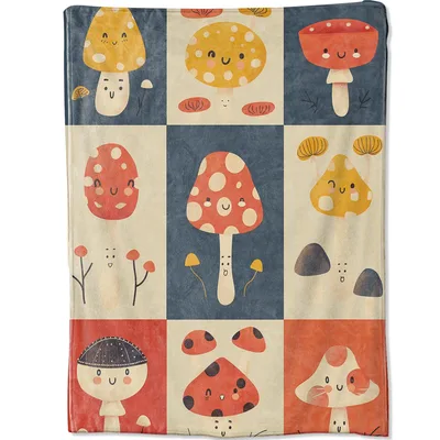 Smiling Mushroom Faces Pattern Blanket: Happy Fungi Throw