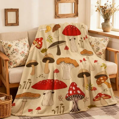 Red Mushrooms Pattern Blanket featuring vintage-style fungi art