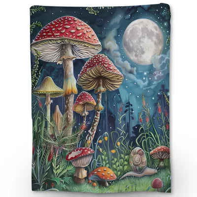 Enchanted Forest Mushrooms Moonlight Blanket: A Nighttime Fungal Scene