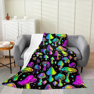 Rainbow Psychedelic Mushrooms Pattern Blanket for Neon Lovers