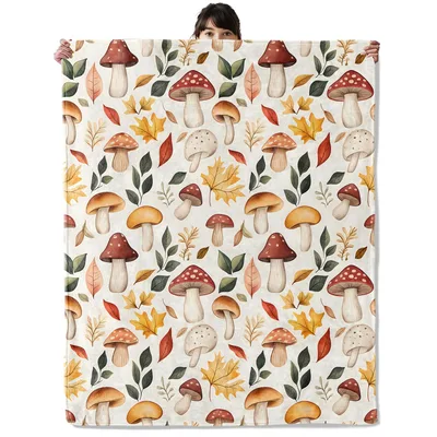Autumn Mushrooms and Leaves Blanket for Forest Lovers