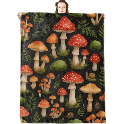 Red Mushrooms Forest Pattern Blanket: Woodland Fungi and Snail Design