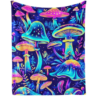 Neon Psychedelic Mushrooms Blanket: Glowing Fungi Art for Cozy Nights