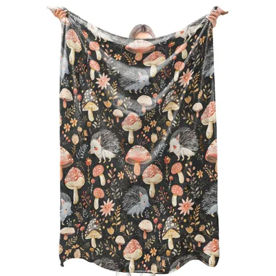 Hedgehog Mushroom Floral Pattern Blanket for Forest Lovers