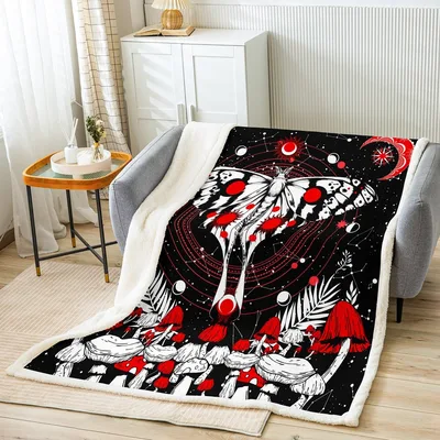 Sun and Moon Red Blanket: Luna Moth and Mushroom Art