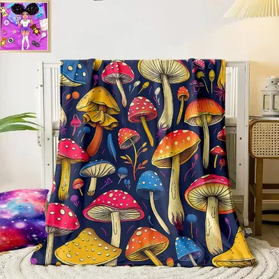 Colorful Mushrooms on Navy Blanket featuring vibrant red