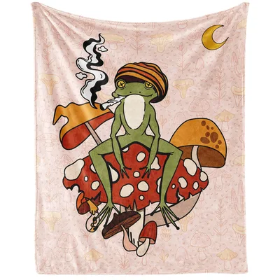 Frog Sitting on Mushroom Blanket: Chill Amphibian Art for Cozy Nights