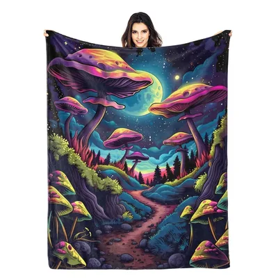 Mushroom Forest Under Moon Blanket: Psychedelic Fungi Night Scene