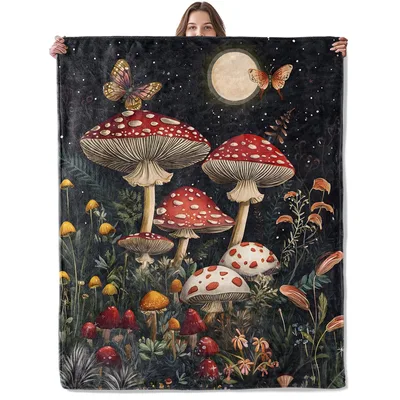 Moonlit Mushroom Forest Blanket: Enchanted Night Fungi Design