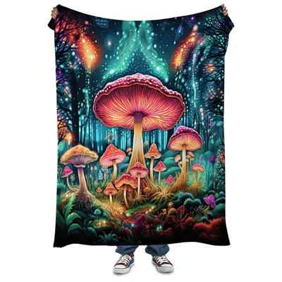 Glowing Mushroom Forest Blanket: Psychedelic Fungi Art for Cozy Nooks