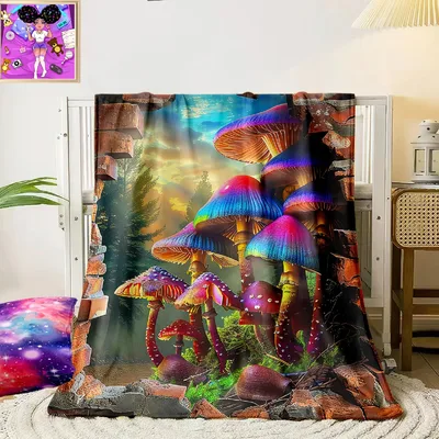 Colorful Mushroom Cluster Blanket: Psychedelic Forest Fungi Design