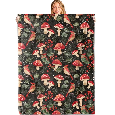 Red Mushrooms and Cardinals Blanket: Woodland Holiday Fleece Design