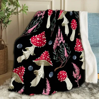 Red Mushrooms on Black Blanket: Dark Forest Fungi Design