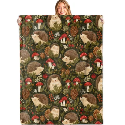 Hedgehogs and Mushrooms Woodland Blanket Forest Print