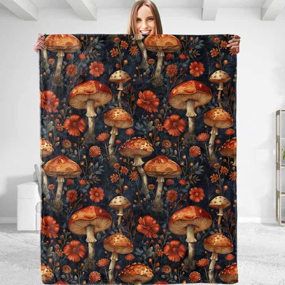 Aesthetic Mushroom Pattern Blanket: Vintage Fungi and Floral Throw