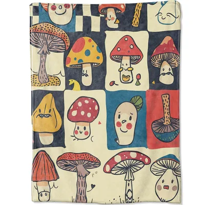Cartoon Mushrooms Checkerboard Blanket: A Whimsical Fungal Patch