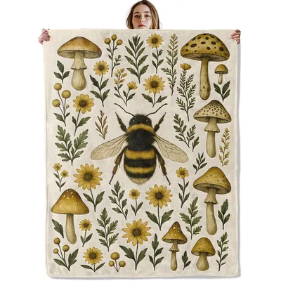 Bee Mushroom Botanical Pattern Blanket: Vintage Insect and Fungi Art