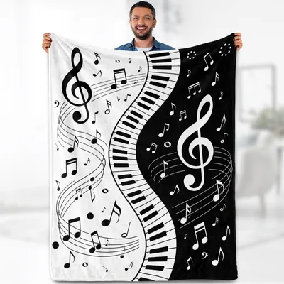Black and White Music Blanket with Piano Keys and Notes