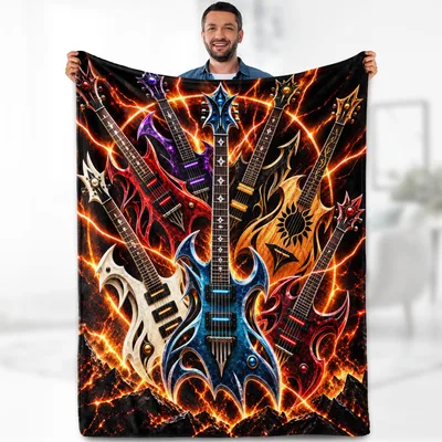 Fiery Electric Guitars Rock Blanket for Heavy Metal Fans