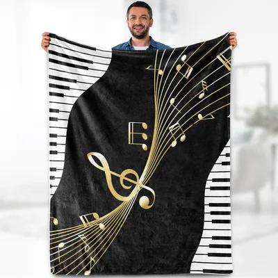 Gold Musical Notes Blanket: Piano Keys and Golden Staff Design