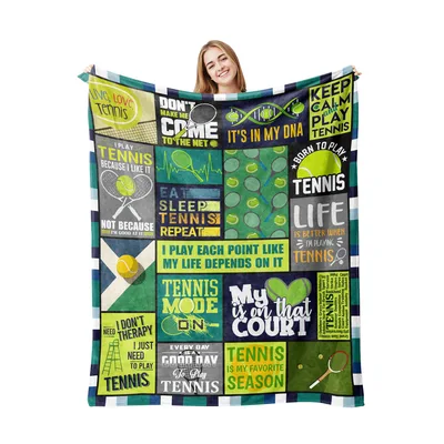 Tennis Player Blanket: A Collage of Court Slogans and Rackets