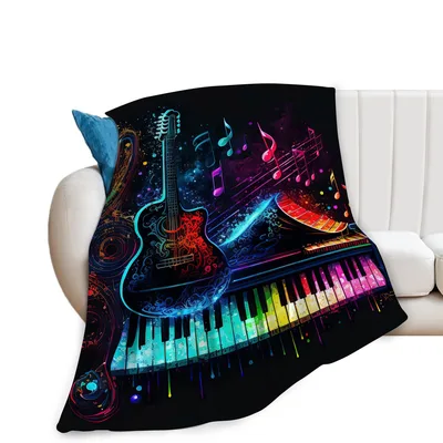 Music Lover Guitar Piano Blanket: Neon Instruments and Rainbow Keys