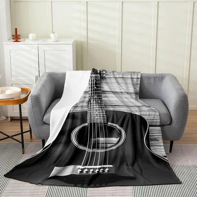 Black and White Acoustic Blanket: Guitar Print for Musicians