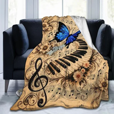 Piano Music Butterfly Blanket: Vintage Keys and Blue Wings
