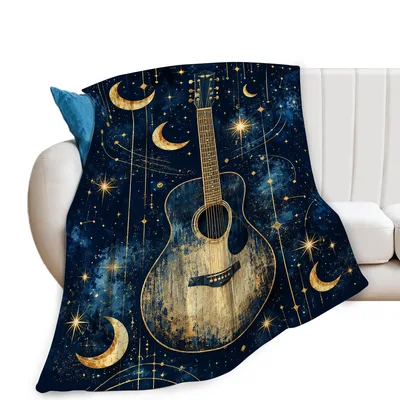 Guitar Starry Night Blanket: Celestial Acoustic Guitar Design