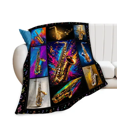 Saxophone Music Notes Blanket: Colorful Jazz Collage for Musicians