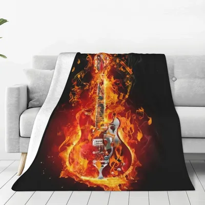 Flaming Guitar Music Notes Blanket: Rocking Fire Design for Musicians