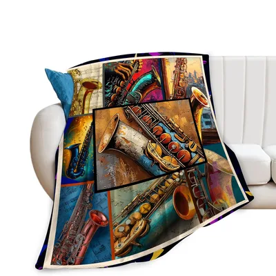 Saxophone Jazz Music Blanket: Colorful Collage of Brass Instruments